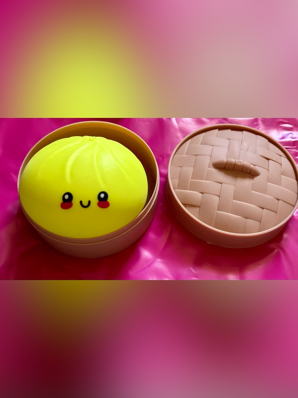 Neon Yellow Dumpling with Tan Steamer Basket